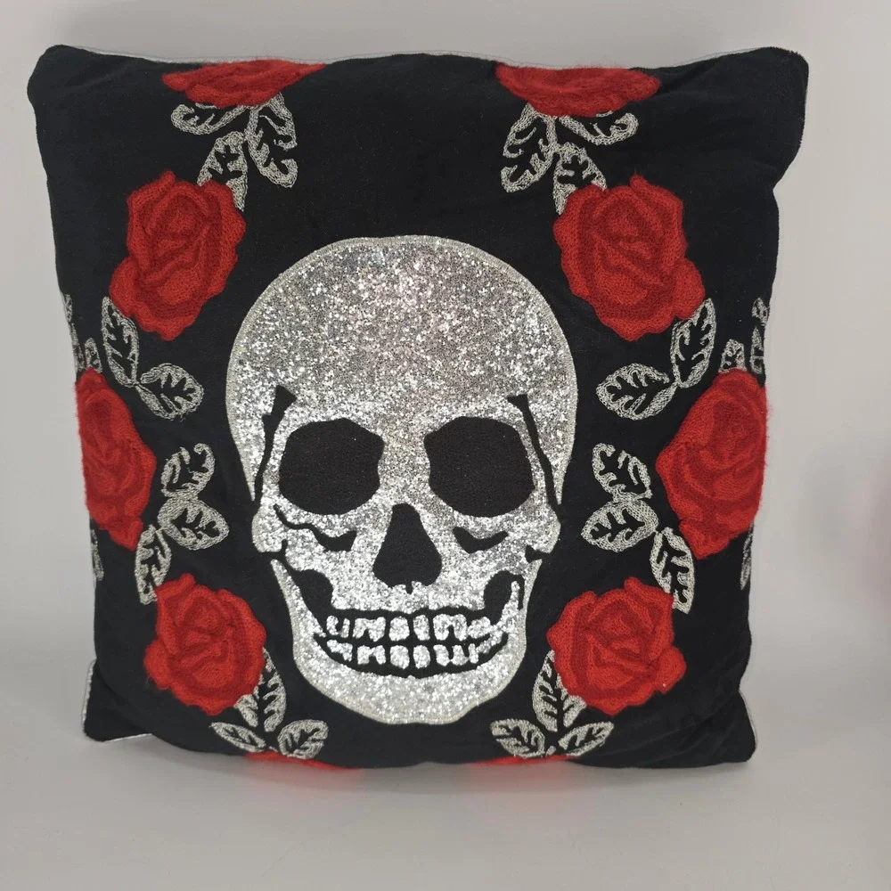 Crimson Gate Gothic Glitter Skull & Rose Embroidered Black Throw Pillow 18x18